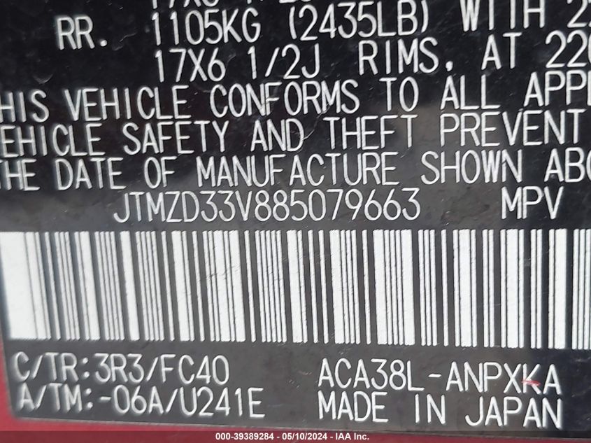 2008 Toyota Rav4 VIN: JTMZD33V885079663 Lot: 39389284