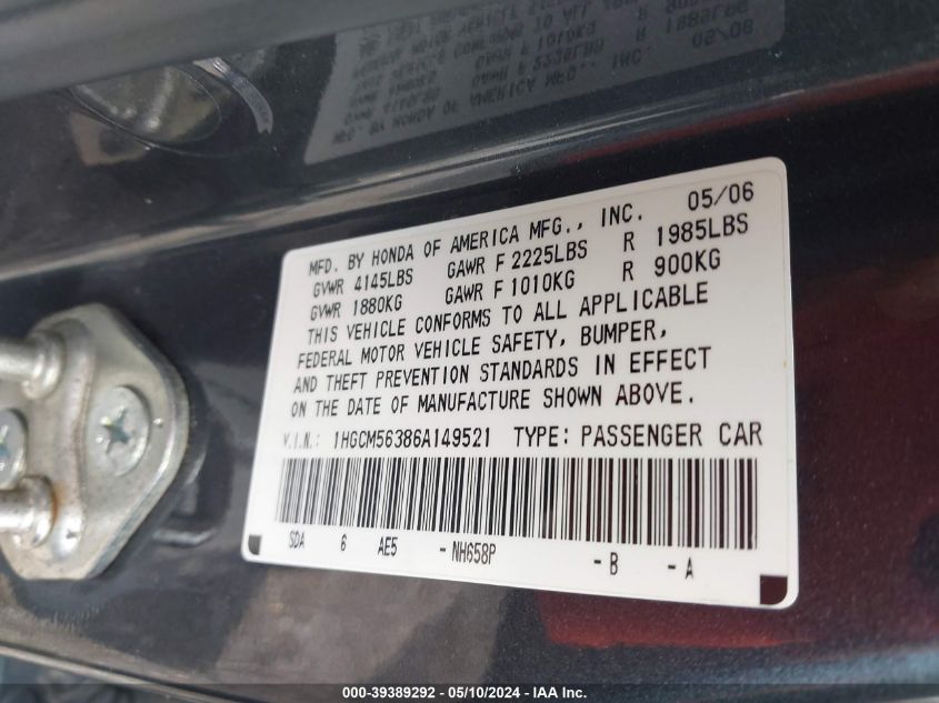 2006 Honda Accord 2.4 Se VIN: 1HGCM56386A149521 Lot: 39389292