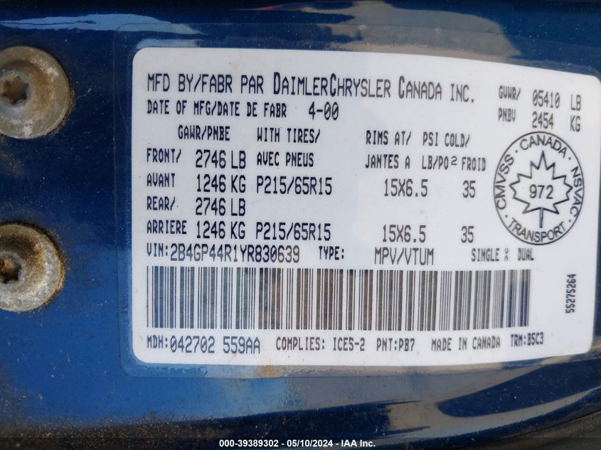 2000 Dodge Grand Caravan Se VIN: 2B4GP44R1YR830639 Lot: 39389302