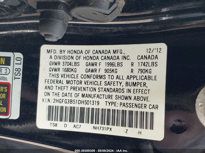 2013 HONDA CIVIC LX - 2HGFG3B51DH501319