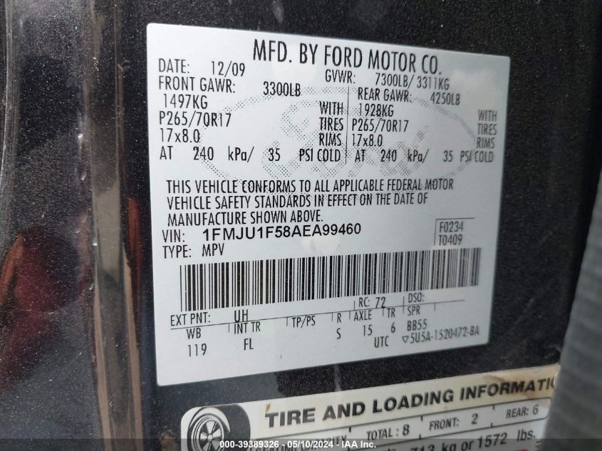 2010 Ford Expedition Xlt VIN: 1FMJU1F58AEA99460 Lot: 39389326