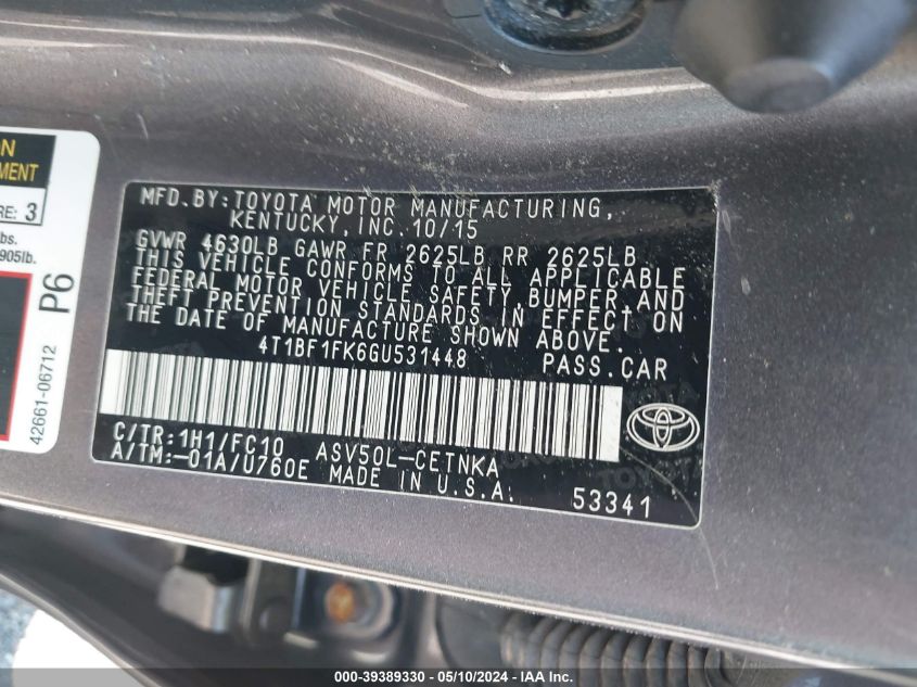 2016 Toyota Camry Le VIN: 4T1BF1FK6GU531448 Lot: 39389330