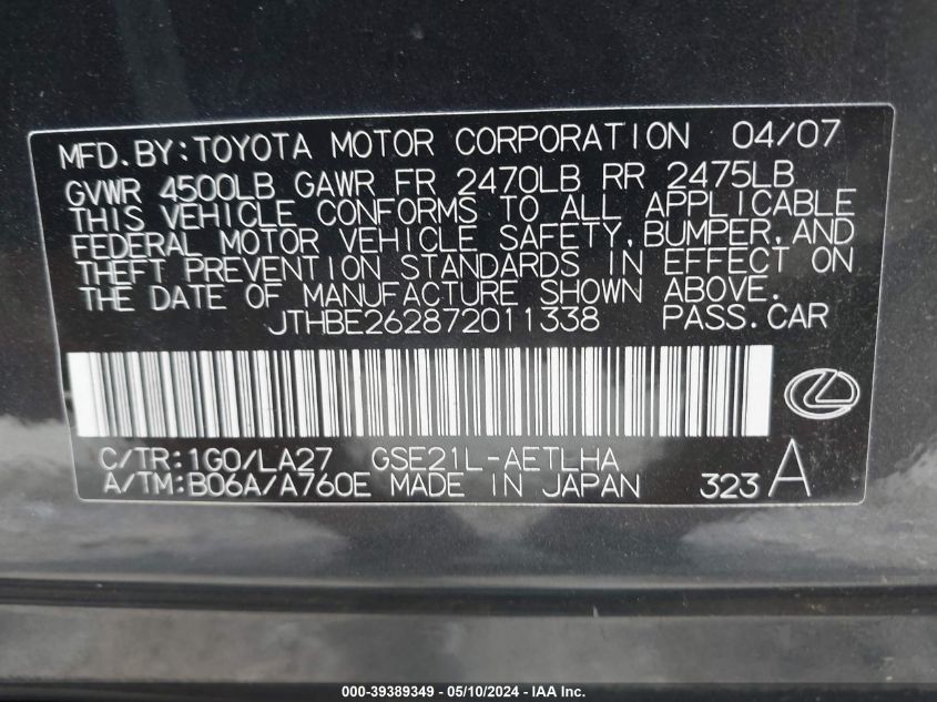 2007 Lexus Is 350 VIN: JTHBE262872011338 Lot: 39389349