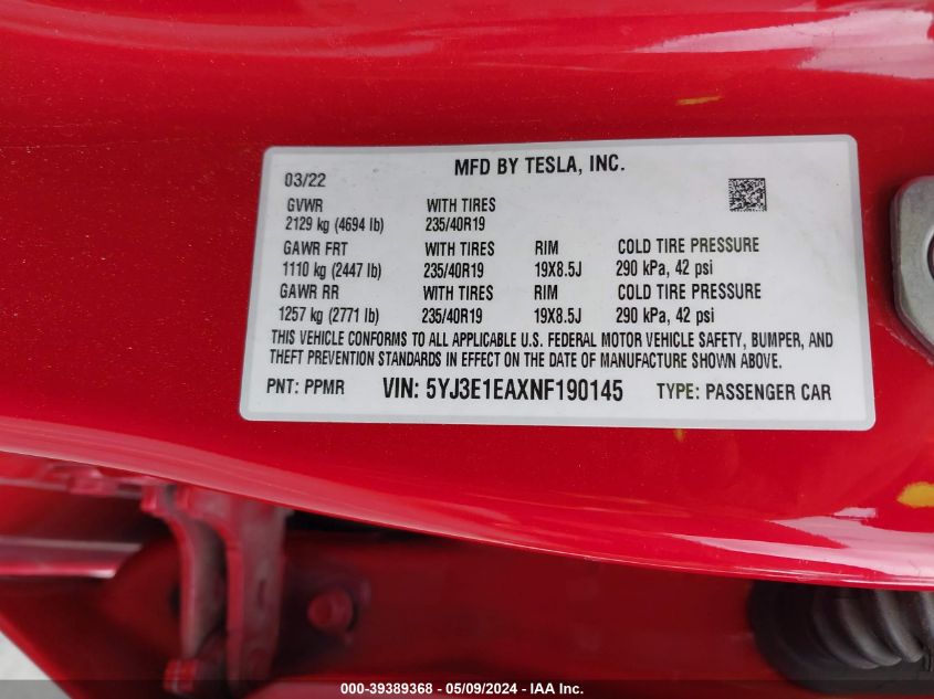 5YJ3E1EAXNF190145 2022 Tesla Model 3 Rear-Wheel Drive