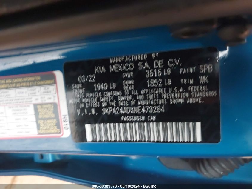 2022 Kia Rio S VIN: 3KPA24ADXNE473264 Lot: 39389378