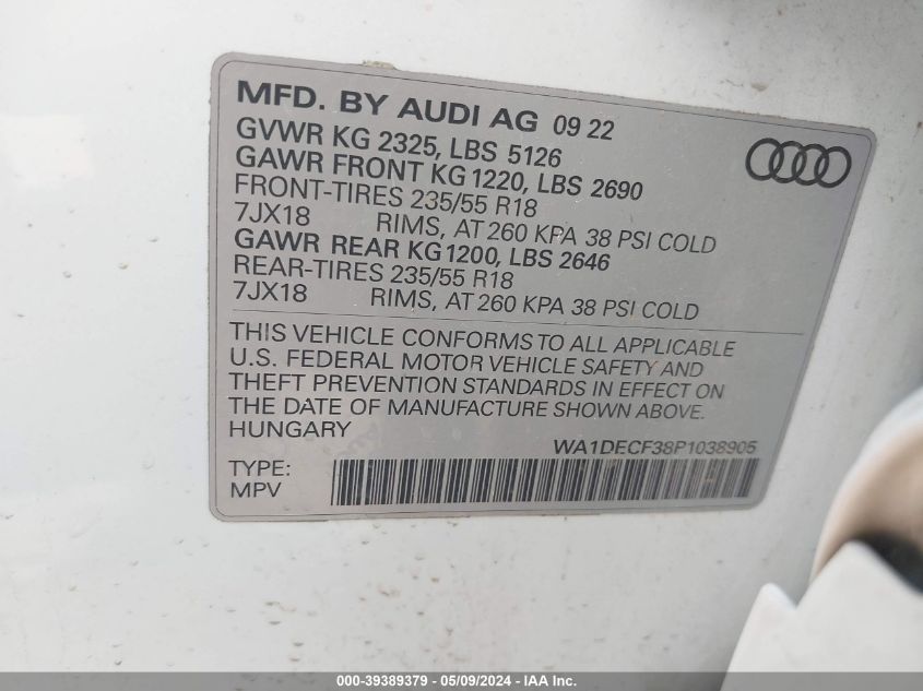 2023 Audi Q3 Premium 45 Tfsi S Line Quattro Tiptronic VIN: WA1DECF38P1038905 Lot: 39389379