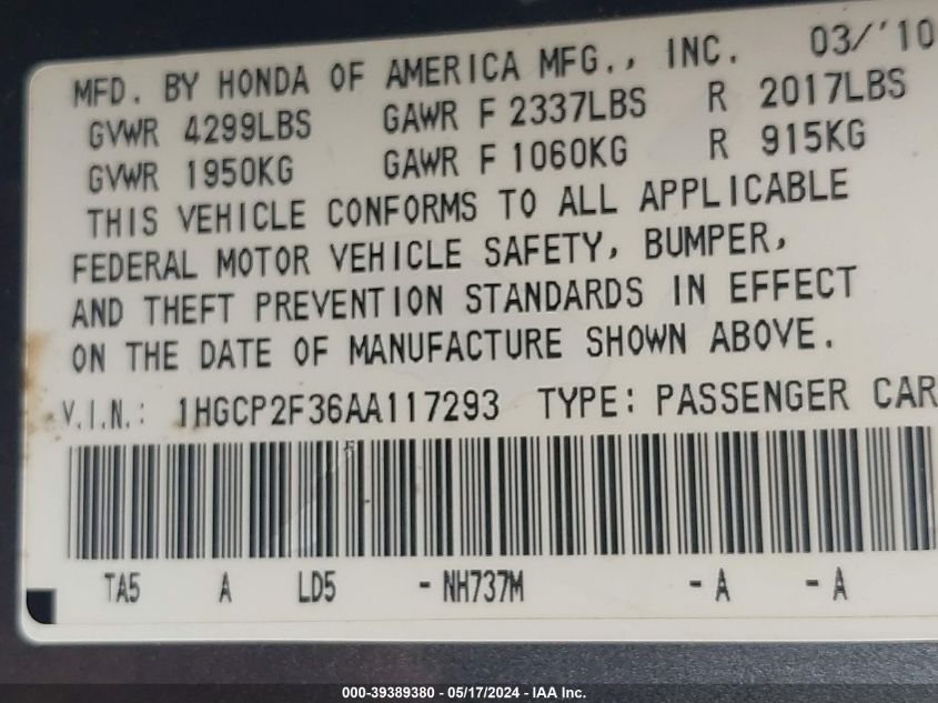 2010 Honda Accord 2.4 Lx VIN: 1HGCP2F36AA117293 Lot: 39389380