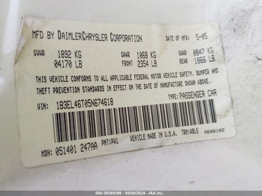 2005 Dodge Stratus Sxt VIN: 1B3EL46T05N674618 Lot: 39389399