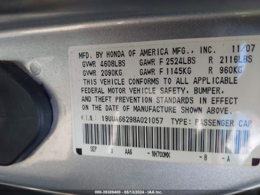 2008 Acura Tl 3.2 VIN: 19UUA66298A021057 Lot: 39389400