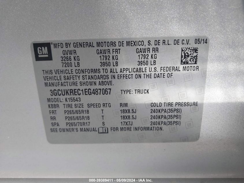 2014 Chevrolet Silverado 1500 1Lt VIN: 3GCUKREC1EG487067 Lot: 39389411