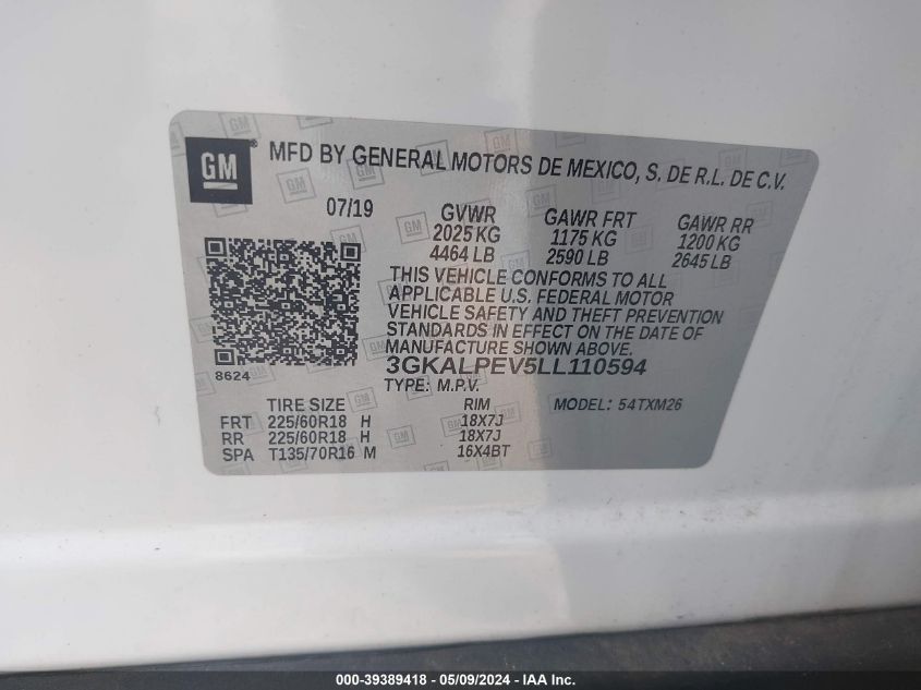 2020 GMC Terrain Fwd Slt VIN: 3GKALPEV5LL110594 Lot: 39389418