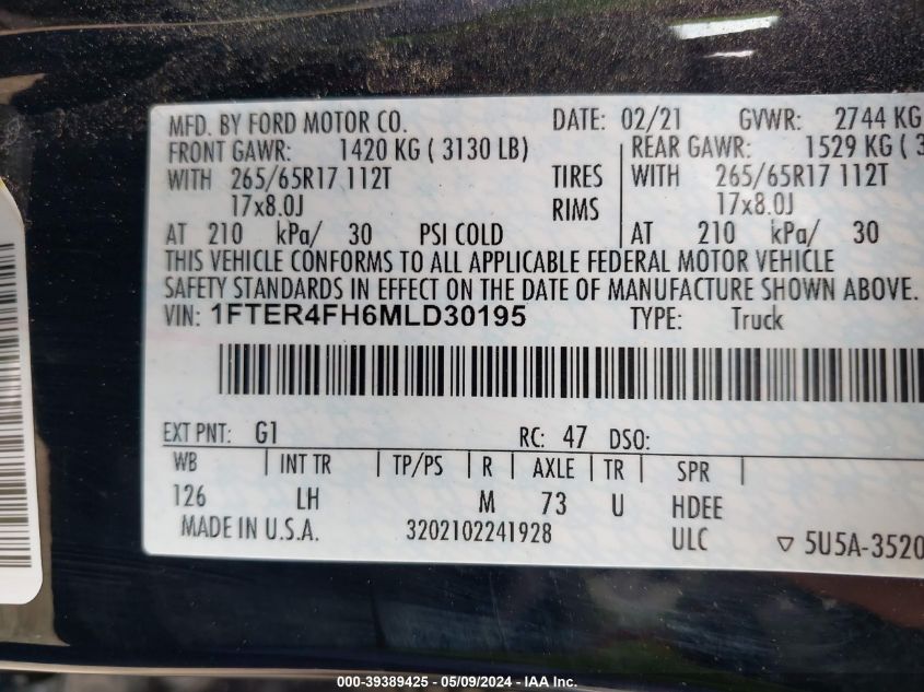 2021 Ford Ranger Xlt VIN: 1FTER4FH6MLD30195 Lot: 39389425