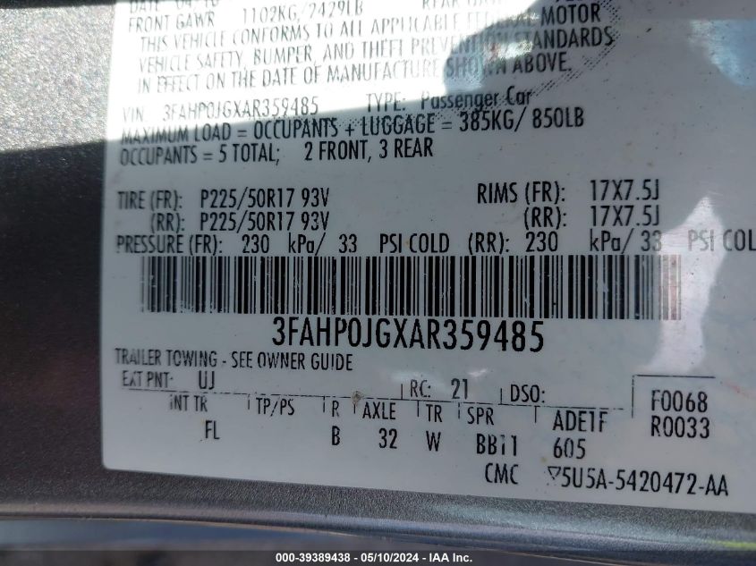 2010 Ford Fusion Sel VIN: 3FAHP0JGXAR359485 Lot: 39389438