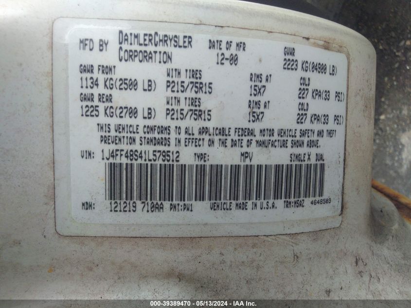 2001 Jeep Cherokee Sport VIN: 1J4FF48S41L579512 Lot: 39389470