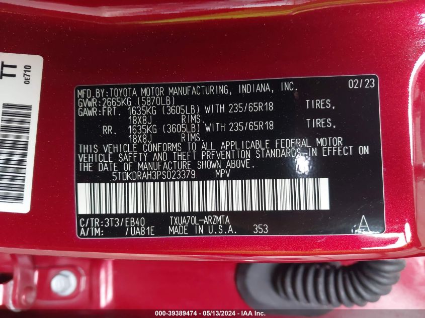 2023 Toyota Highlander Xle VIN: 5TDKDRAH3PS023379 Lot: 39389474