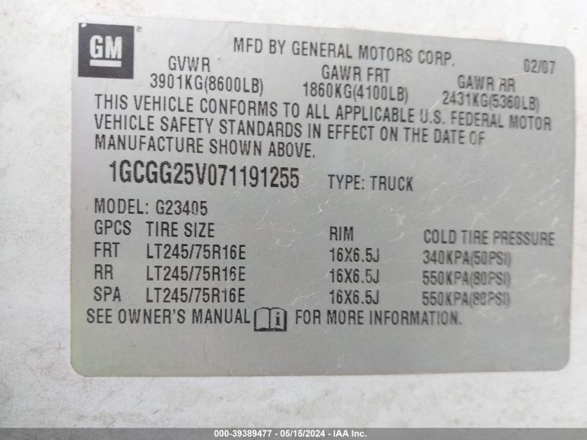 2007 Chevrolet Express Work Van VIN: 1GCGG25V071191255 Lot: 39389477