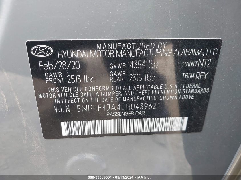 2020 Hyundai Sonata Sel VIN: 5NPEF4JA4LH043962 Lot: 39389501