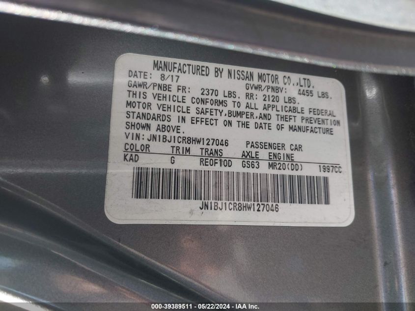 2017 Nissan Rogue Sport Sl VIN: JN1BJ1CR8HW127046 Lot: 39389511