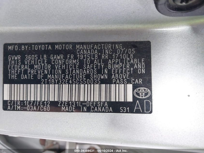 2005 Toyota Corolla Xrs VIN: 2T1BY32E45C550035 Lot: 39389531