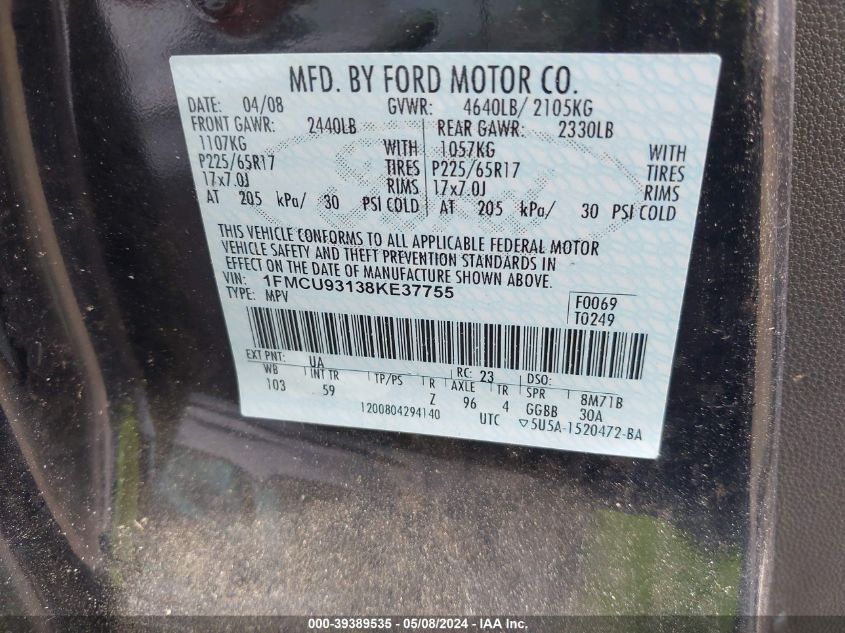 2008 Ford Escape Xlt VIN: 1FMCU93138KE37755 Lot: 39389535