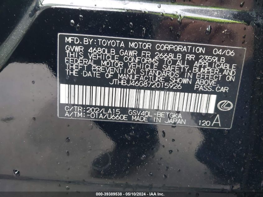 2007 Lexus Es 350 VIN: JTHBJ46G872015926 Lot: 39389538