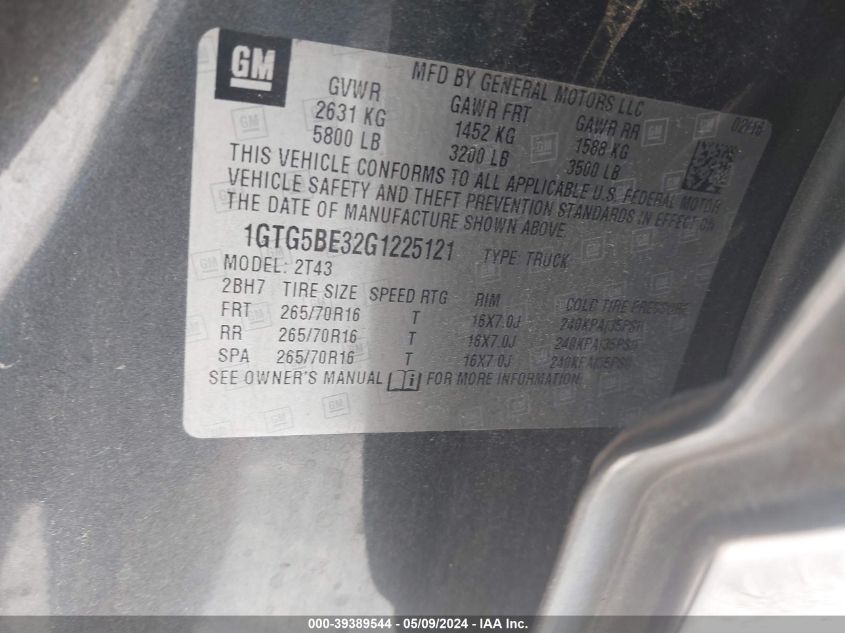 2016 GMC Canyon VIN: 1GTG5BE32G1225121 Lot: 39389544