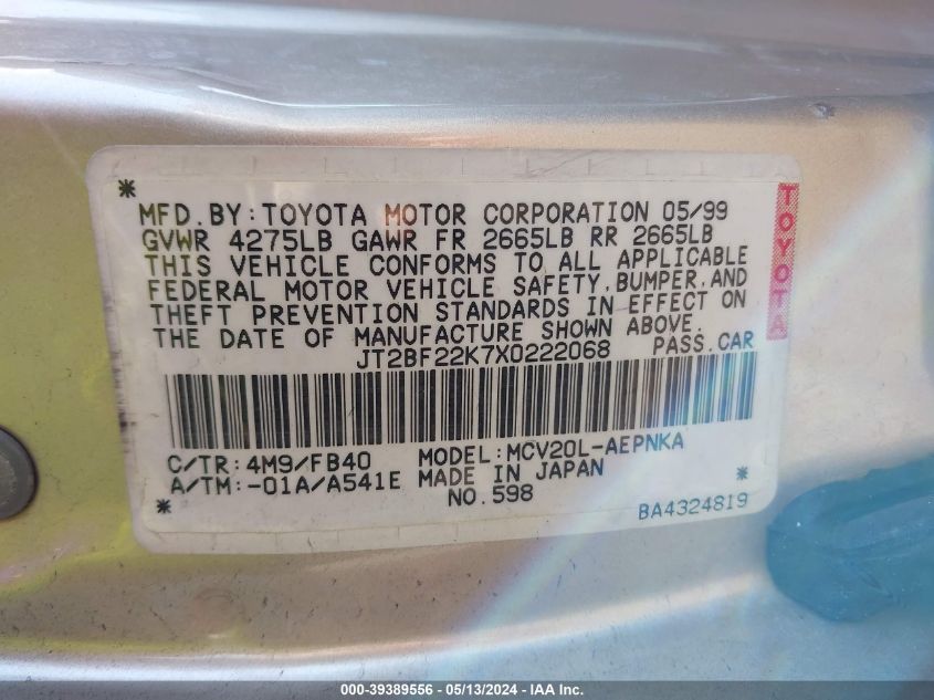 1999 Toyota Camry Le V6 VIN: JT2BF22K7X0222068 Lot: 39389556