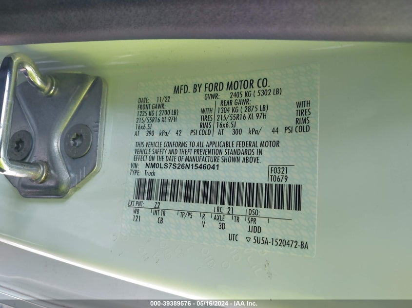2022 FORD TRANSIT CONNECT 2.0L I-4 DI, DOHC, V(VIN: NM0LS7S26N1546041