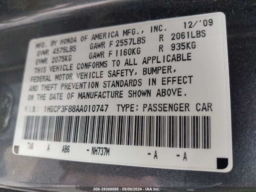 2010 Honda Accord 3.5 Ex-L VIN: 1HGCP3F88AA010747 Lot: 39389598