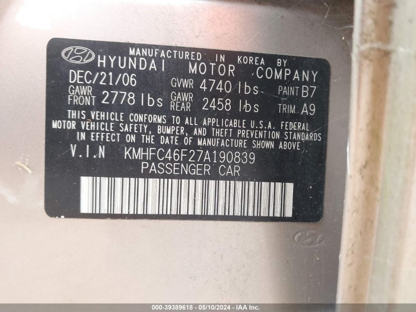 2007 Hyundai Azera Limited/Se VIN: KMHFC46F27A190839 Lot: 39389618