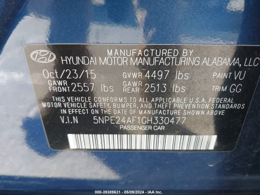 2016 HYUNDAI SONATA - 5HPE24AF1GH330477