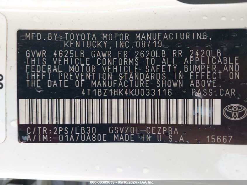 2019 Toyota Camry Xse V6 VIN: 4T1BZ1HK4KU033116 Lot: 39389639