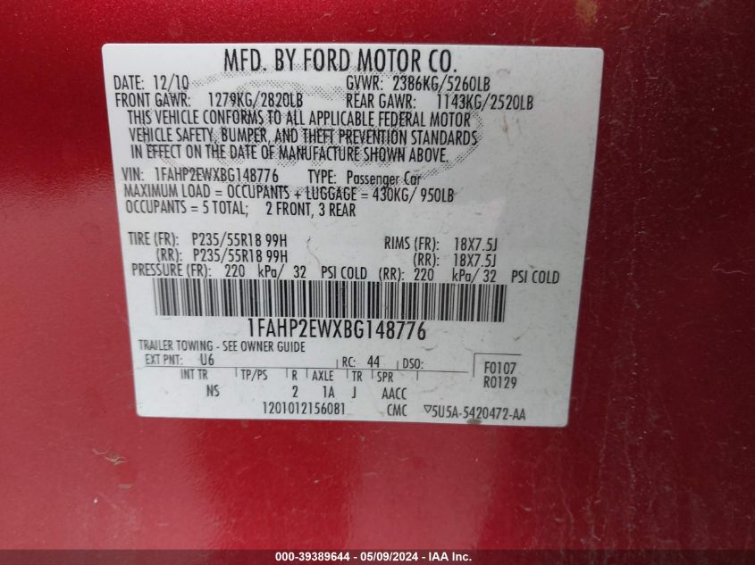 2011 Ford Taurus Sel VIN: 1FAHP2EWXBG148776 Lot: 39389644