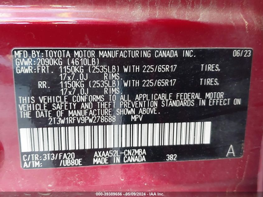 VIN 2T3W1RFV9PW278688 2023 TOYOTA RAV4 XLE