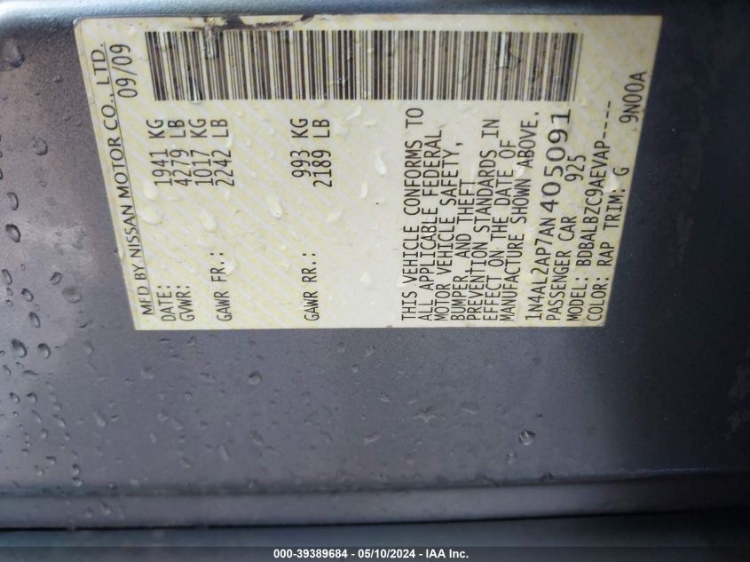 2010 Nissan Altima 2.5 S VIN: 1N4AL2AP7AN405091 Lot: 39389684