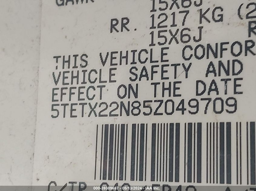 2005 Toyota Tacoma VIN: 5TETX22N85Z049709 Lot: 39389687