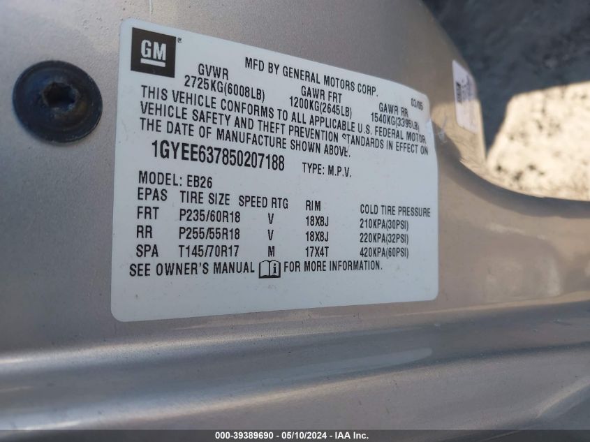 2005 Cadillac Srx V6 VIN: 1GYEE637850207188 Lot: 39389690