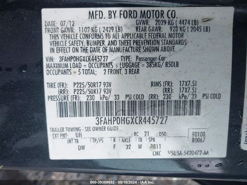 2012 Ford Fusion Se VIN: 3FAHP0HGXCR445727 Lot: 39389692