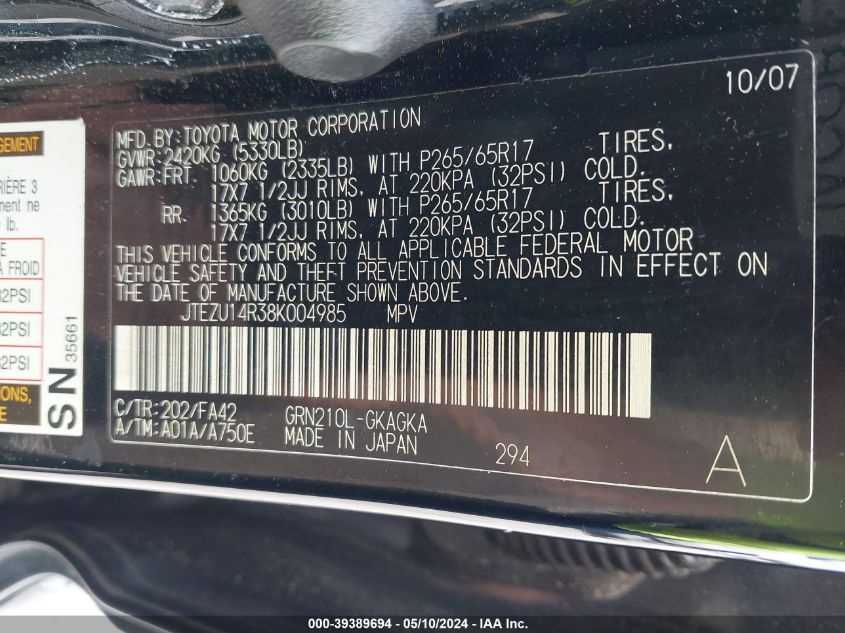 2008 Toyota 4Runner Sr5 V6 VIN: JTEZU14R38K004985 Lot: 39389694