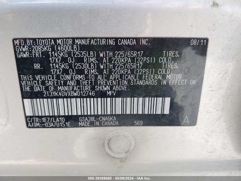 2011 Toyota Rav4 Limited V6 VIN: 2T3YK4DVXBW012746 Lot: 39389695