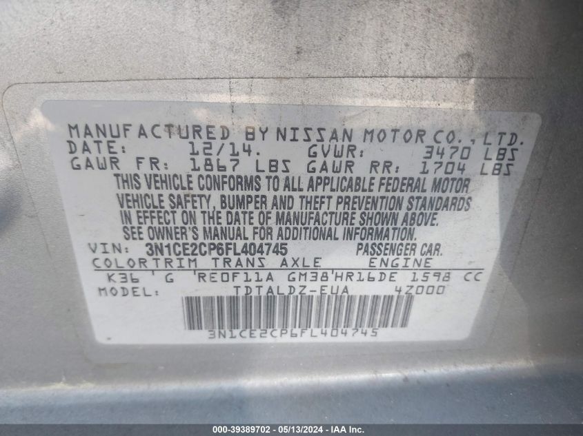 2015 Nissan Versa Note S (Sr)/S Plus/Sl/Sr/Sv VIN: 3N1CE2CP6FL404745 Lot: 39389702