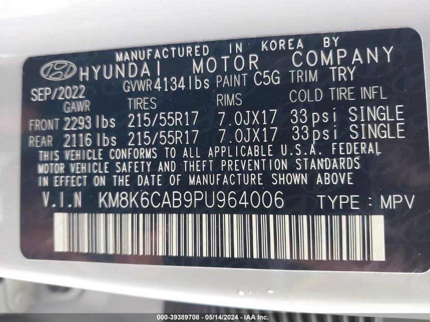 2023 Hyundai Kona Sel VIN: KM8K6CAB9PU964006 Lot: 39389708