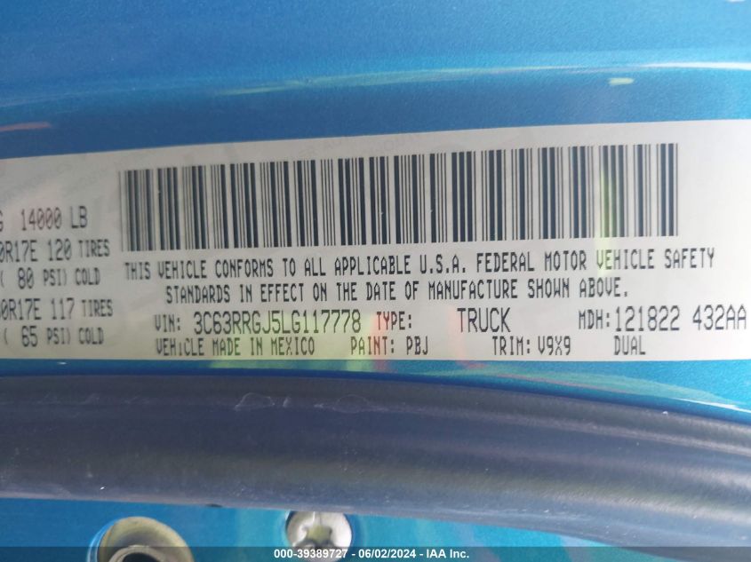 2020 Ram 3500 Tradesman 4X4 8' Box VIN: 3C63RRGJ5LG117778 Lot: 39389727