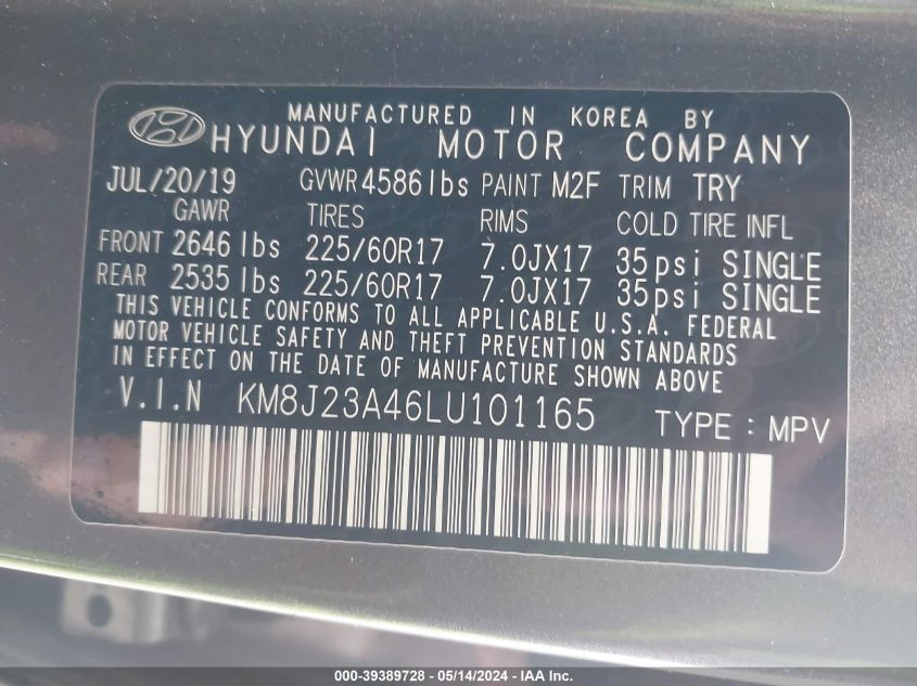 2020 Hyundai Tucson Se VIN: KM8J23A46LU101165 Lot: 39389728
