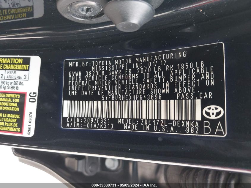 2017 Toyota Corolla Le VIN: 5YFBURHEXHP643698 Lot: 39389731