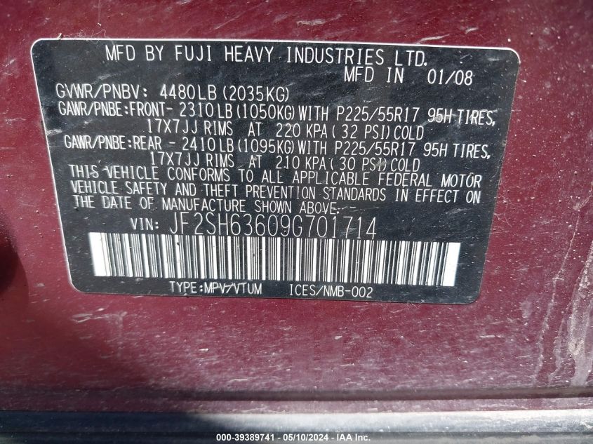 2009 Subaru Forester 2.5X VIN: JF2SH63609G701714 Lot: 39389741