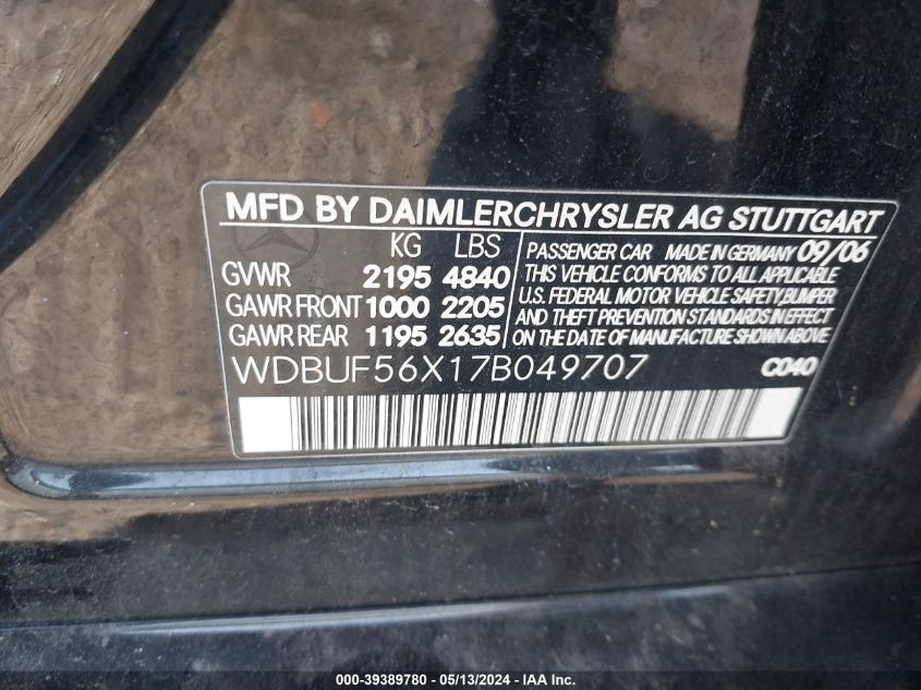 2007 Mercedes-Benz E 350 VIN: WDBUF56X17B049707 Lot: 39389780