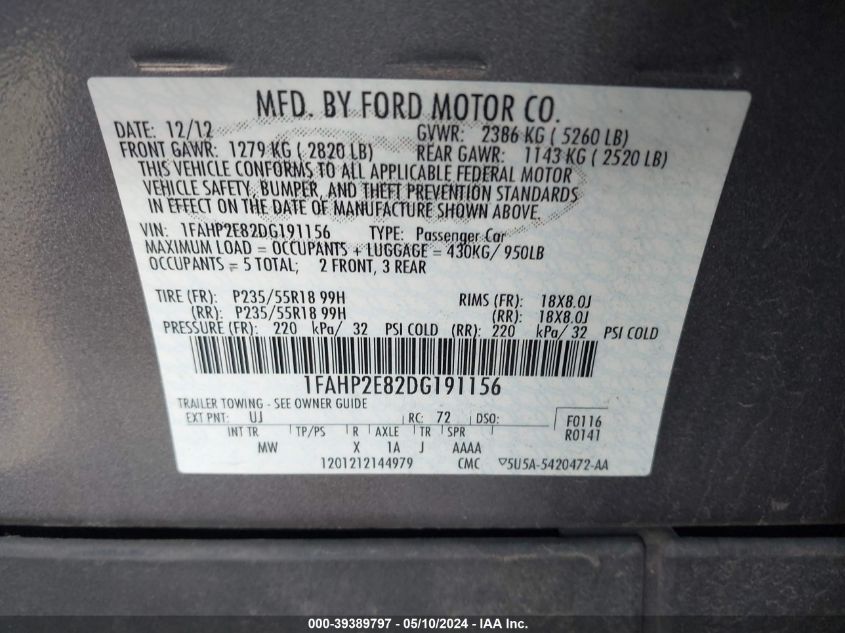 2013 Ford Taurus Sel VIN: 1FAHP2E82DG191156 Lot: 39389797