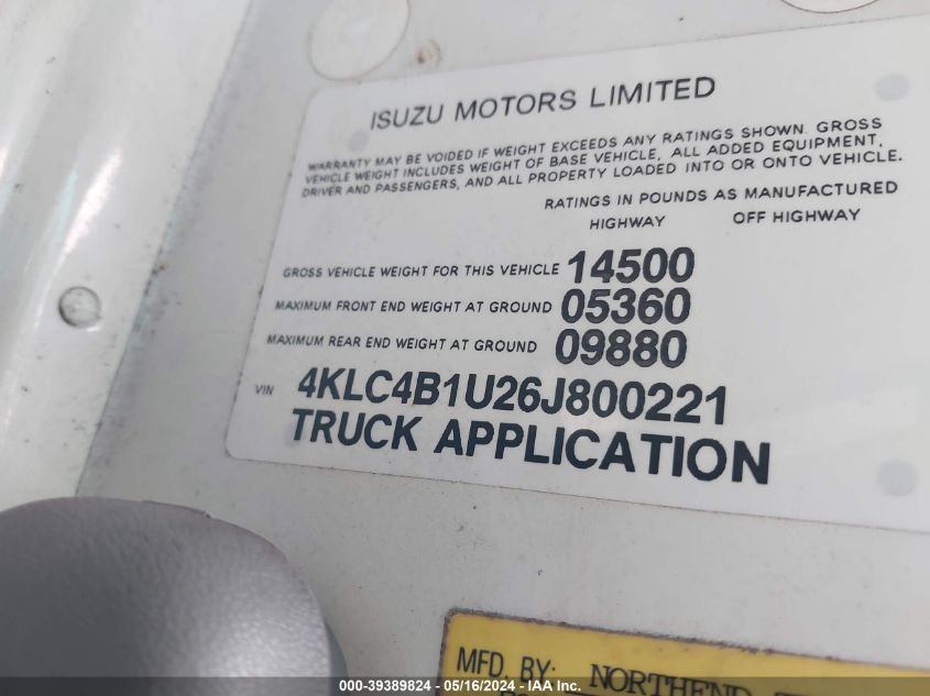 2006 Isuzu W4S042 Npr Hd Gas Reg VIN: 4KLC4B1U26J800221 Lot: 39389824