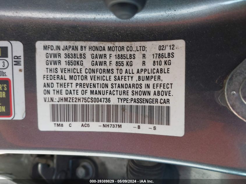 2012 Honda Insight Ex VIN: JHMZE2H75CS004736 Lot: 39389829